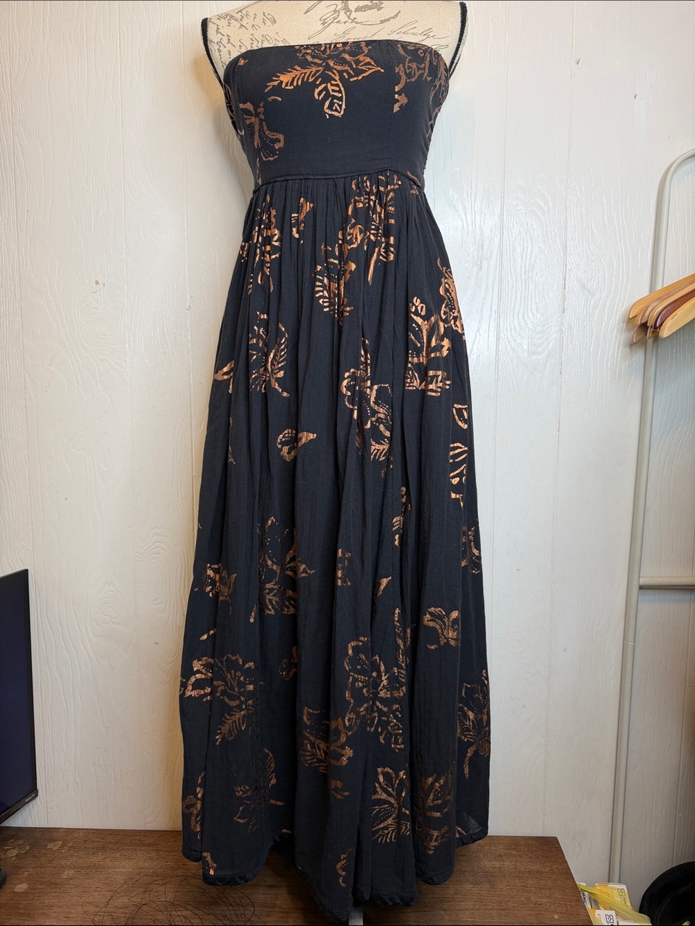 Free People Baja Babe Black Strapless Midi Dress with Copper Floral Print S - Picture 2 of 4